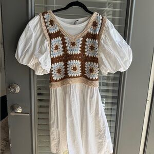 En Saison White Puff Sleeve Mini Dress with Crochet Overlay Size Small